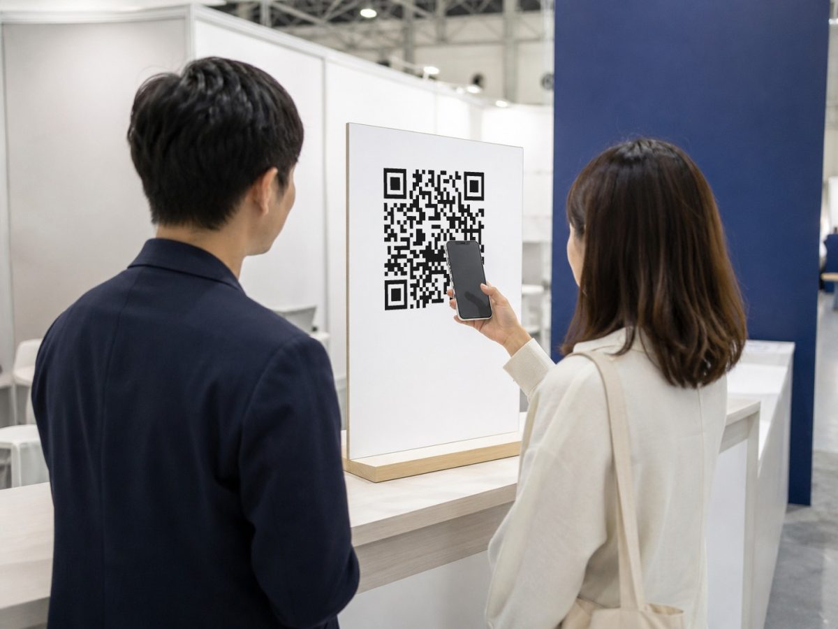 A visitor scanning, with their smartphone, a QR code shown on a panel at a trade show booth