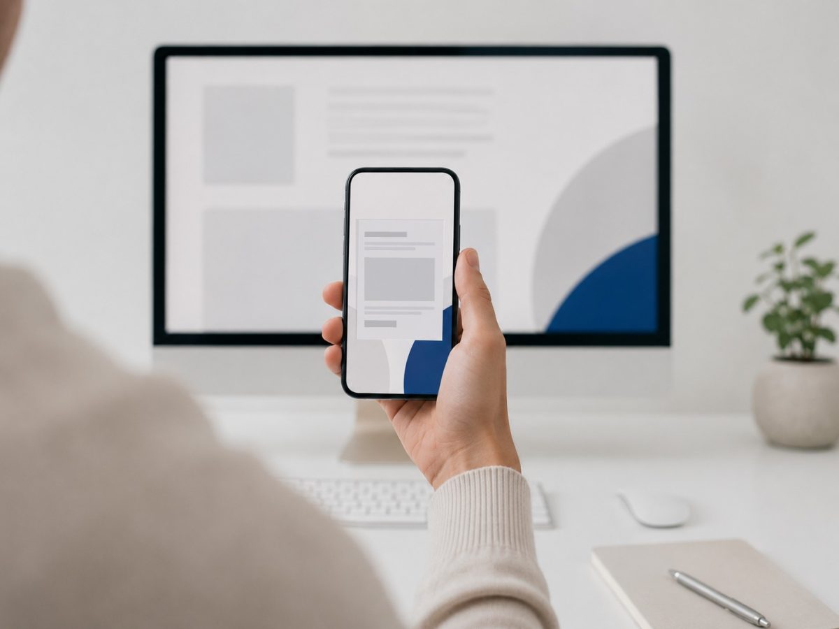 A smartphone held up to a desktop screen, with the same page now open on the phone