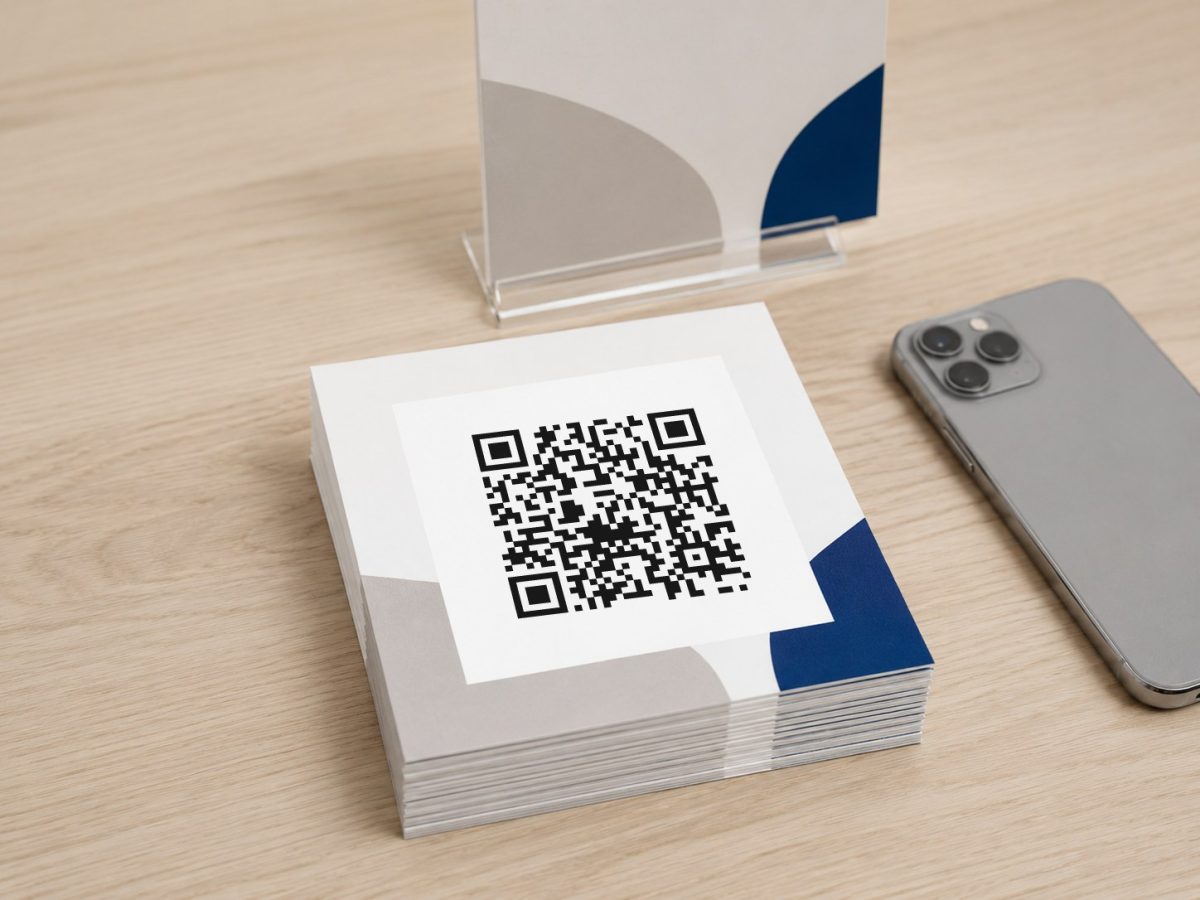 A stack of flyers printed with a QR code, and a card standing in a desktop holder